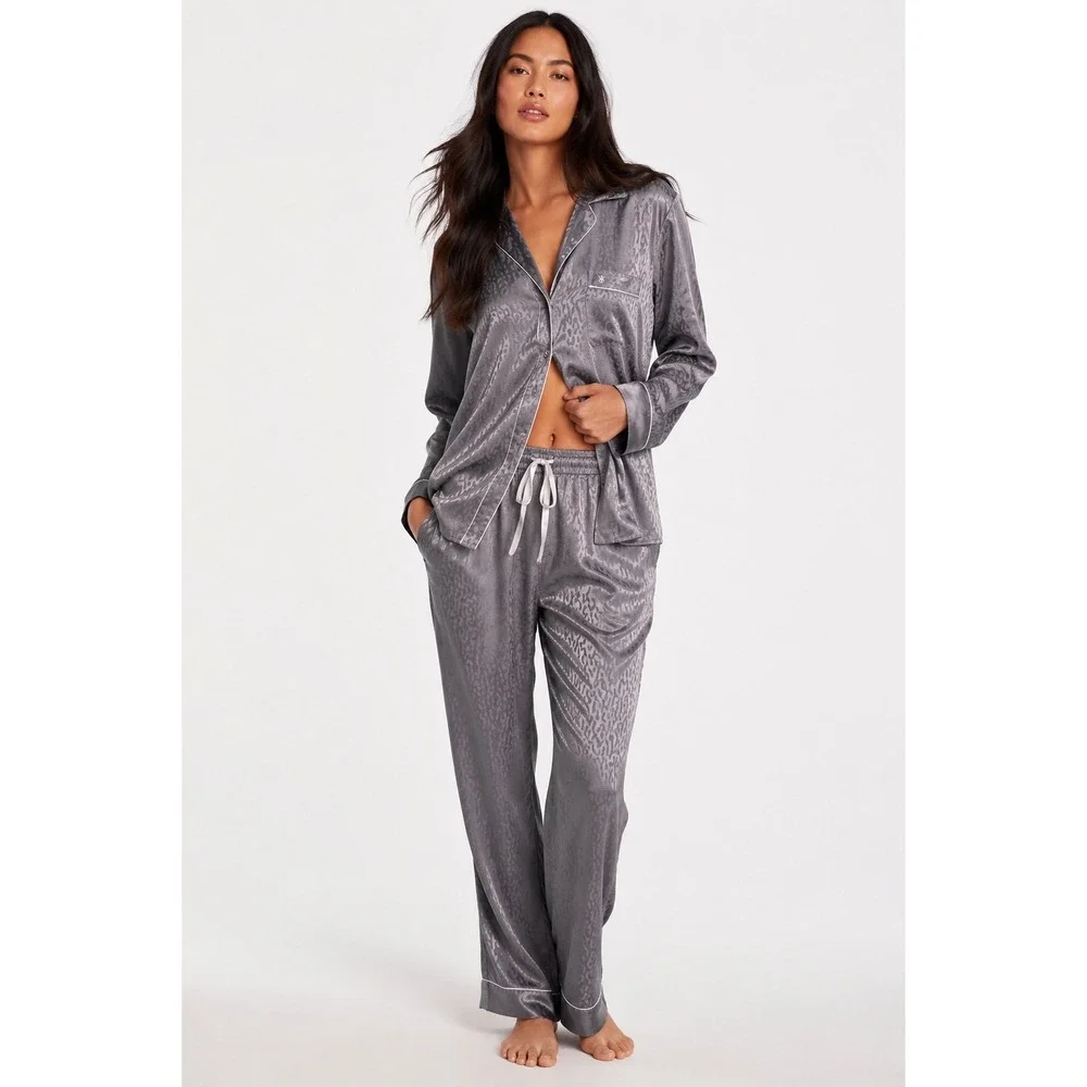 Victoria's Secret Satin Leopard Pajama Set Gray Long‎ Small NWT